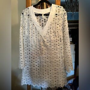 Trina Turk chateau long sleeve lace cover up dress .